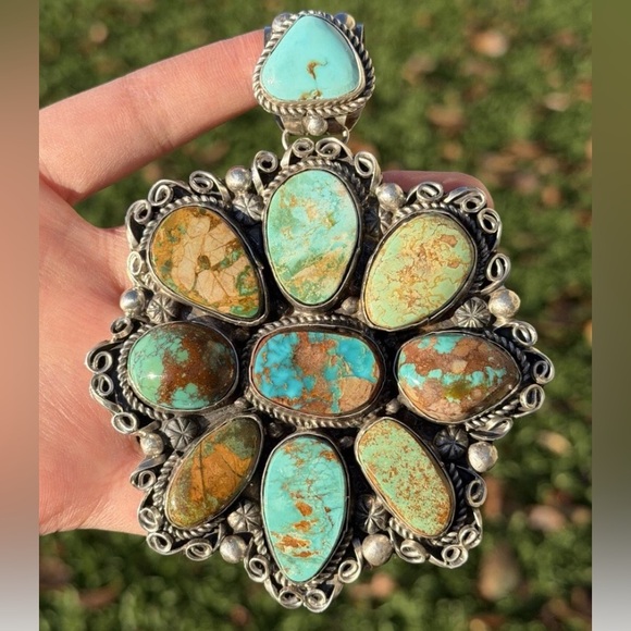 Navajo Sterling Silver Blue Green Royston Turquoise Cluster Handmade Pendant CY